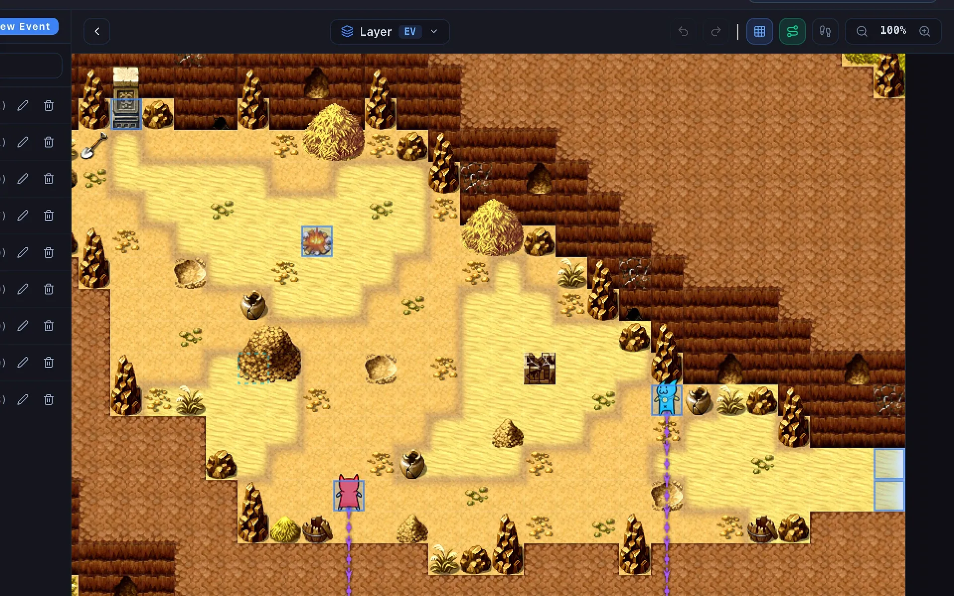 Movement routes drawn directly on the map in RPGM Studio